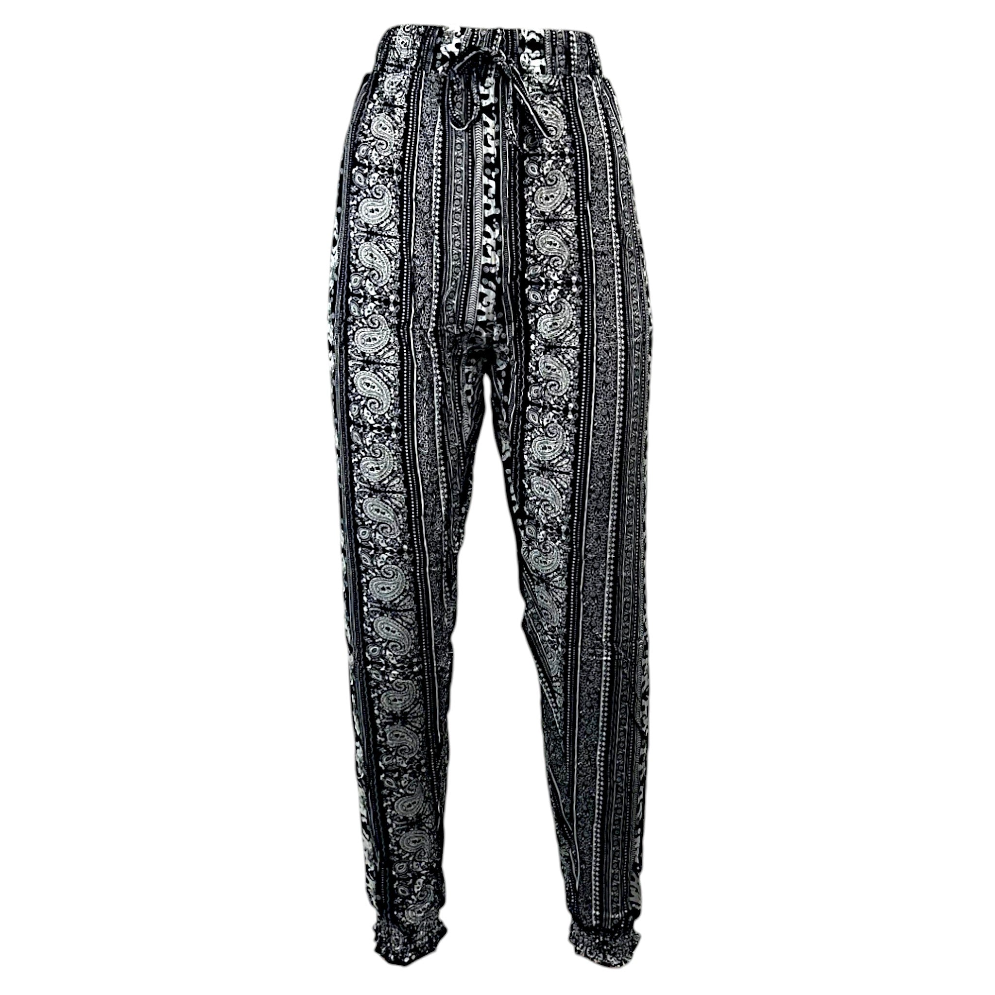 Women's black elephant print palazzo trousers with paisley pattern and drawstring waist